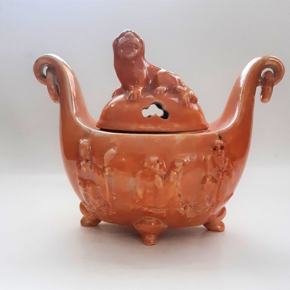Shofu Japan VTG Incense Burner Jar 1930s Orange Lusterware Art Deco Rare - Picture 1 of 11